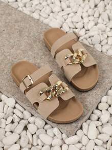 Plus Size Women's New Fashionable Versatile Beige Retro Chain Decor Flat Slip-On Comfortable Sandals