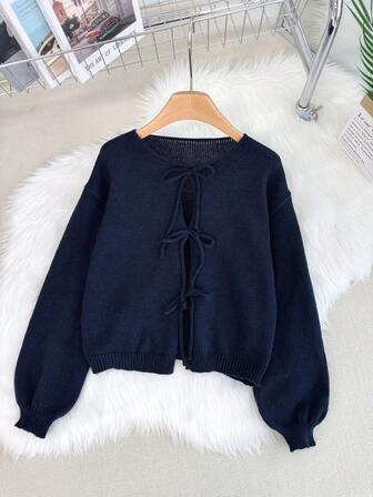 [Tops] Enfärgad Twist Front Långärmad Cardigan - Minimalistisk, Kontorsklädsel, Vintage Look, Enkel, Fransk Stil, Kvinnor Tie-Front Bälted Enfärgad Stickad Cardigan, Kan bäras över en blus, Plus Size Söt Cardigan