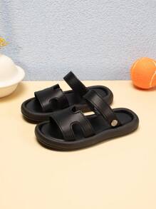 1 双黑色 PU 幼儿凉鞋，软底防滑婴儿拖鞋，婴儿学步鞋，适合夏季