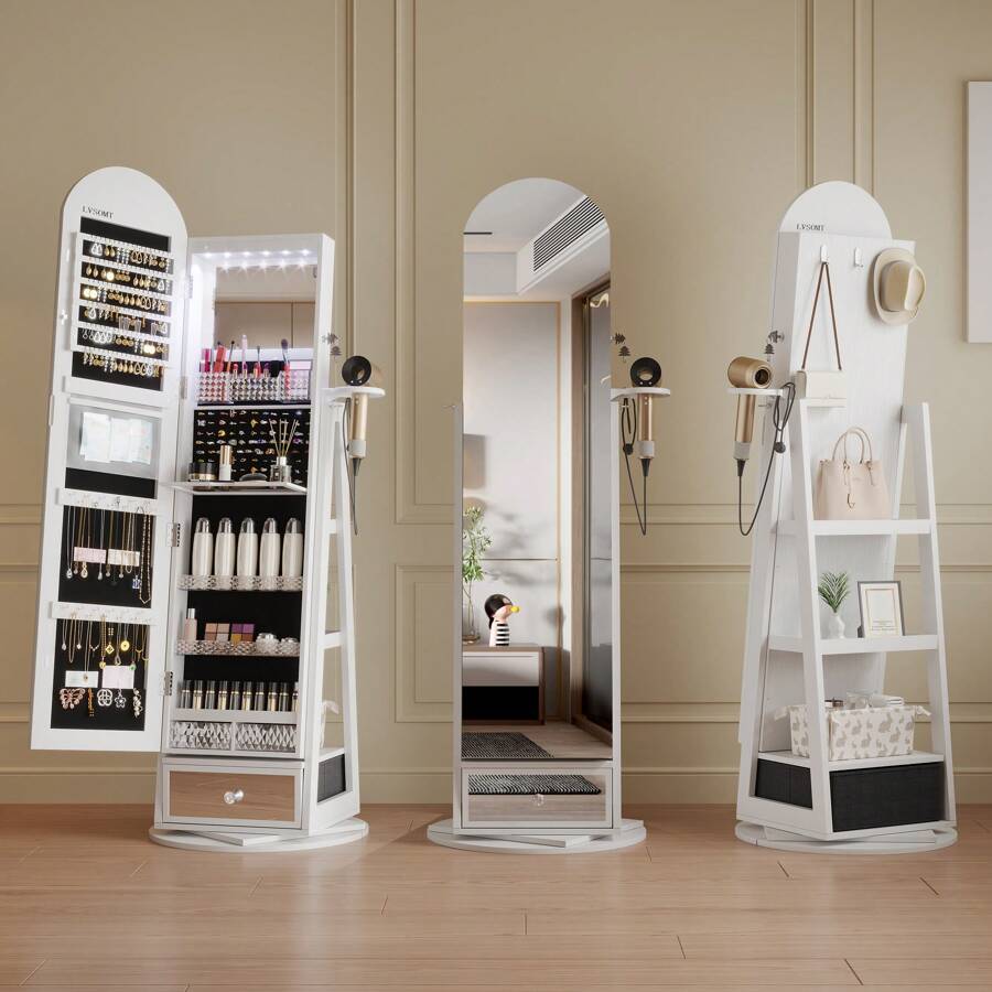 LVSOMT LED Arched Jewelry Cabinet With Mirror, 360° Rotating Standing Mirror With Jewelry Cabinets, Lockable Jewelry Mirror Cabinet With Lighting, Standing Wooden Jewelry Cabinet With 3-Tier Shelf - trắng - Xem 1