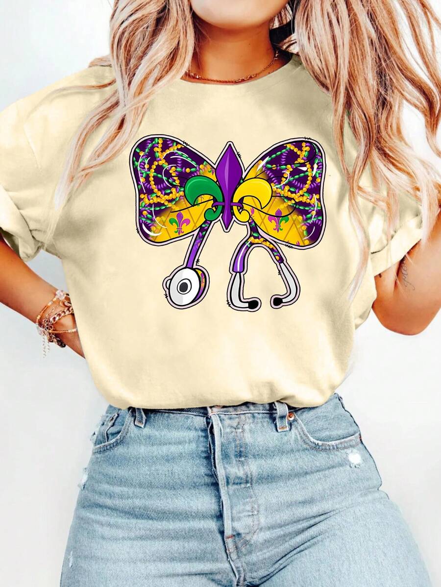 Bow Tie Cartoon Letter Graphic Print T Shirt, Short Sleeve Crew Neck Casual Top For Summer & Spring, Women's T-Shirt - 杏色 - 查看 1