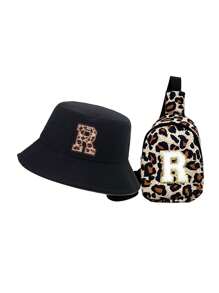 2pcs Set Teenagers Letter Print Bucket Hat & Leopard Print Backpack, Breathable Baseball Cap, Suitable For Boys And Girls To Match Outfits In Spring And Summer - Black - View 6
