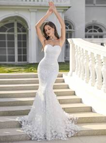 UNITHORSE UNITHORSE Women Lace Patchwork Strapless Backless Elegant Fish Tail Wedding Gown Dress,Bride, All White Party Outfit Women