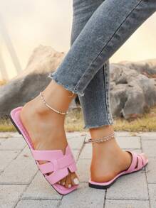 1 Pair Bohemian Style Solid Color Quilted Elegant Resort Sports Casual Chic Casual Commute Business Wedding Retro PU Leather Hollow Ripped Women Sandals, Suitable For Beach, Holiday, Wedding, School, Party, Office And Outdoor, Spring/Autumn/Summer - Pink - View 6