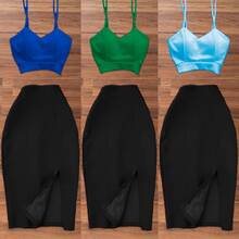 Conjunto falda y top tirantes corte ajustado abertura femenina moderno - Azul menta - Ver 3