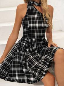 女士时尚露背不对称无袖休闲连衣裙，夏季