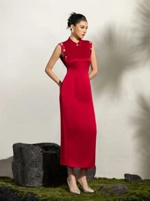 Đầm sườn xám kiểu Trung Hoa mới không tay cổ đứng đính đá lấp lánh satin trơn - Đỏ - Xem 5