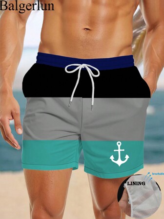 男士夏季锚图案印花抽绳腰侧袋轻便透气百慕大短裤，休闲海滩度假泳裤