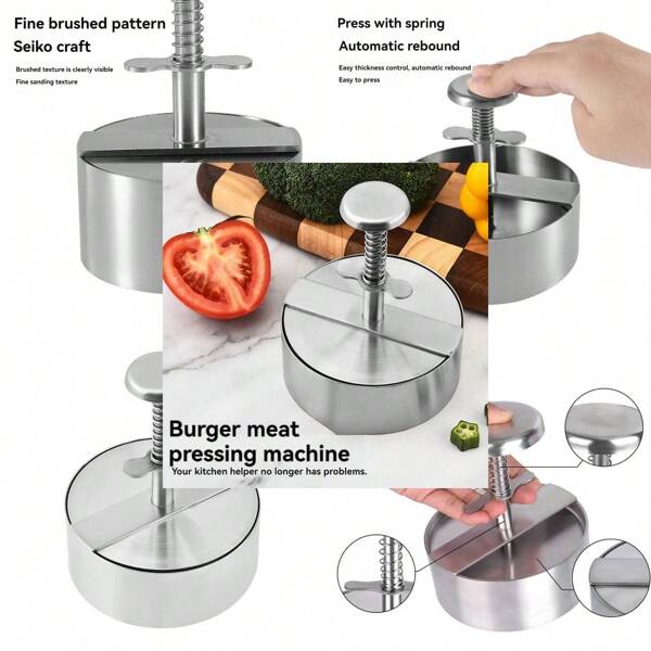1 pieza Prensa para hamburguesas, prensa ajustable de acero inoxidable para hacer hamburguesas, moldes antiadherentes adecuados para carne, verduras, hamburguesas y cocinar, ideal para barbacoa, color plateado