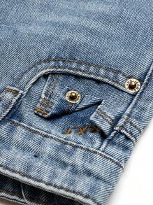 Young Boy Distressed Washed Light Blue Embroidered Adjustable Elastic Waist Spray Paint Cat Whiskers Denim Shorts - Light Wash - View 7