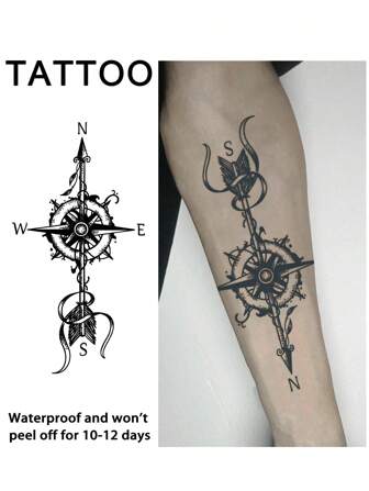 1st Kompass Geometriska Tillfälliga tatueringar Vattentät Svetttät Håller i 1-2 veckor Realistisk örtjuice Anti-friktion Icke-reflekterande Faux Black Fake tatueringar för kvinnor och män Tatueringsdekaler för arm, bröst, ben, mage, midja Modernistisk kroppskonst