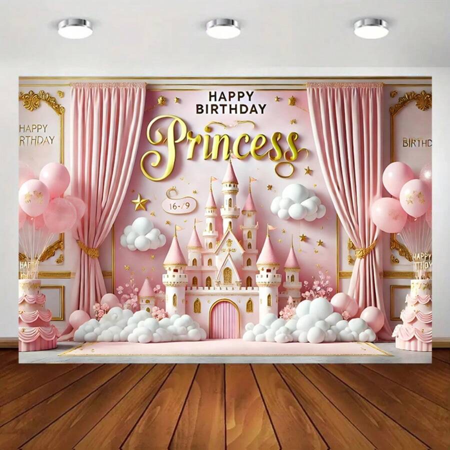 1pc Princess Castle Theme Birthday Party Backdrop, Made Of Vibrant Polyester Fabric, Suitable For Home Gatherings, Weddings, Birthdays, Christmas, Thanksgiving, Fall Decor, Entrances, Rooms, Easy Installation, Reusable, No Power Source Needed - 1 - View 1