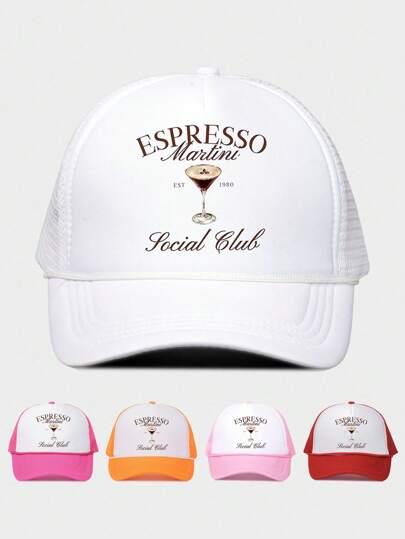 1pc Women's Outdoor Printed "ESPRESSO" Cup 1980 With Rope Sponge Mesh Cap, Adjustable Sun Hat, Suitable For Valentine's Day, Spring/Autumn Travel, Versatile Sun Protection, Unisex Y2K Style Cap