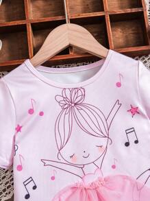Young Girl Cute Pink Ballerina Girl Print T-Shirt + Polka Dot Shorts Set. Adorable Ballerina Print Paired With Polka Dot Shorts, Perfect For Girls' Summer Activities, Comfortable At Home Or Casual Outdoor Wear. Childlike And Charming, Making Your Little Girl The Center Of Attention. Suitable For 4-7 Years Old Girls, Spring/Summer.