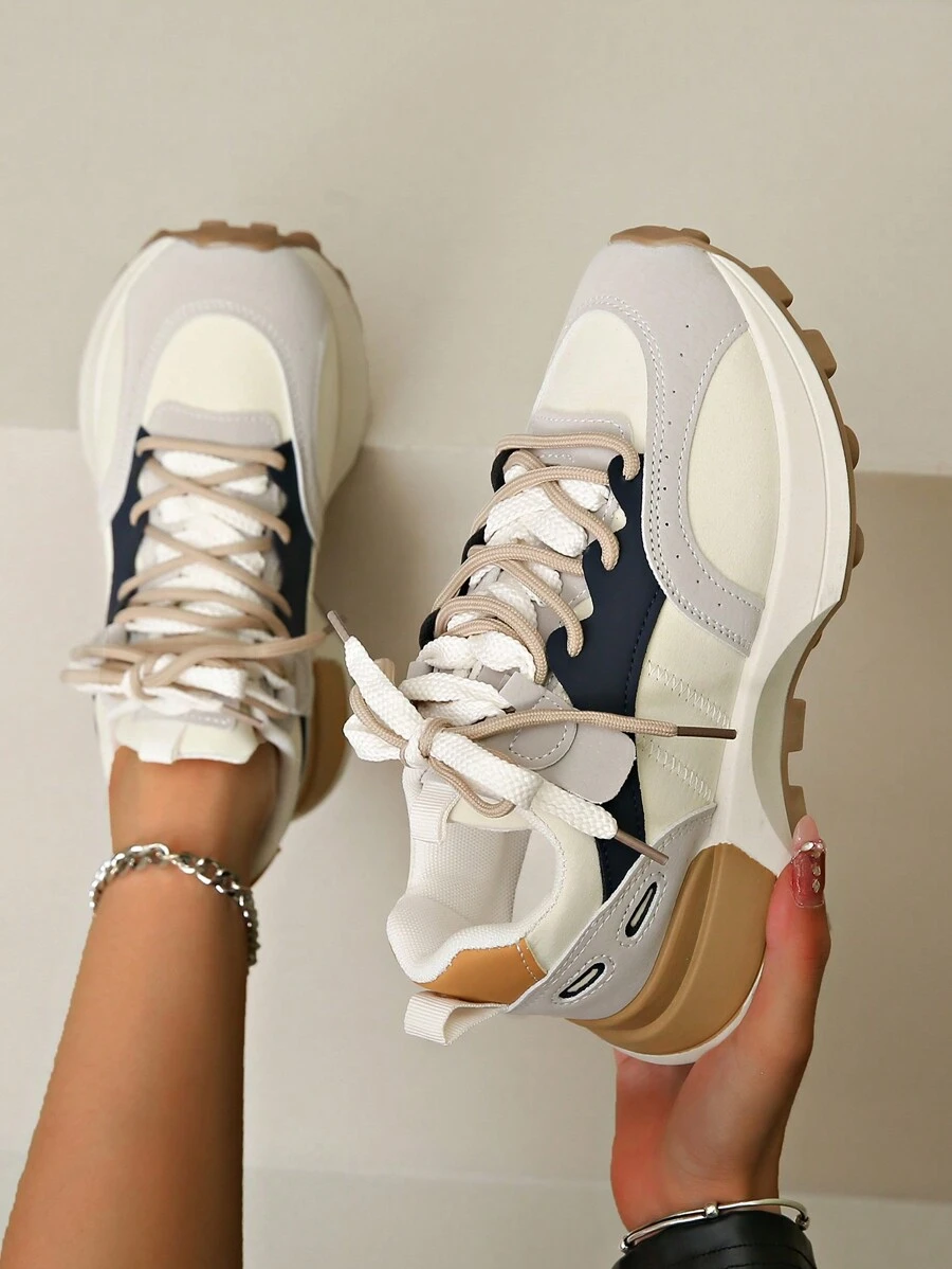 Women's Round Toe Fashionable Lace-Up Thick-Soled Student Casual Comfortable Running Sneakers - Yellow - View 1