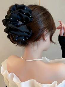 1 pieza Pinza para el cabello con forma de corazón brillante de cielo estrellado para mujer, estilo elegante, puede fijar el cabello, diseño de lazo, pinza de garra para el cabello, accesorio para el cabello - Negro - Ver 3