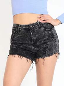 High Waisted Washed Denim Shorts, Ripped Hem And Frayed Edge Design For Summer, Slim Fit And Casual Versatile Shorts That Lengthen Your Legs.