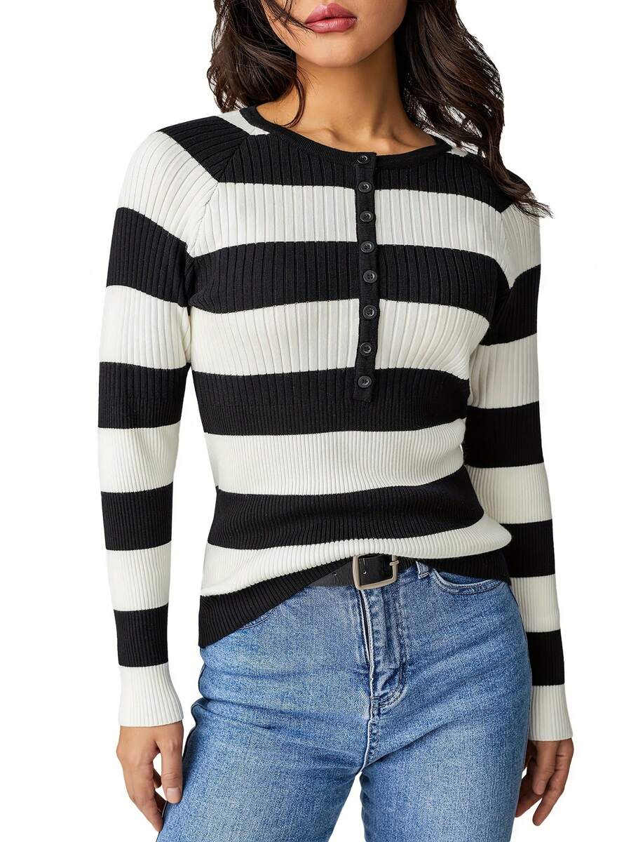 Women Long Sleeve Knit Tops Casual Stripes Contrast Color 1/2 Button Pullover Shirt For Club Streetwear - Black - View 1