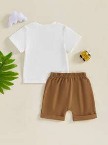 Toddler Boys Summer Outfits Letter Digger Print Round Neck Short Sleeve T-Shirts Elastic Waist Shorts 2Pcs Clothes Set