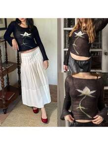 Tops de punto con estampado floral para mujer, camisetas de manga larga con cuello barco y corte ajustado, suéteres transparentes - Flores blancas y negras - Ver 2