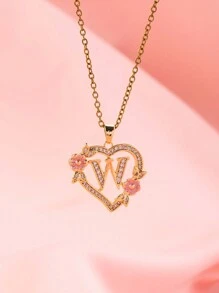 1 件心形花卉字母项链个性化心形花卉 26 个字母吊坠项链适合女孩的生日
