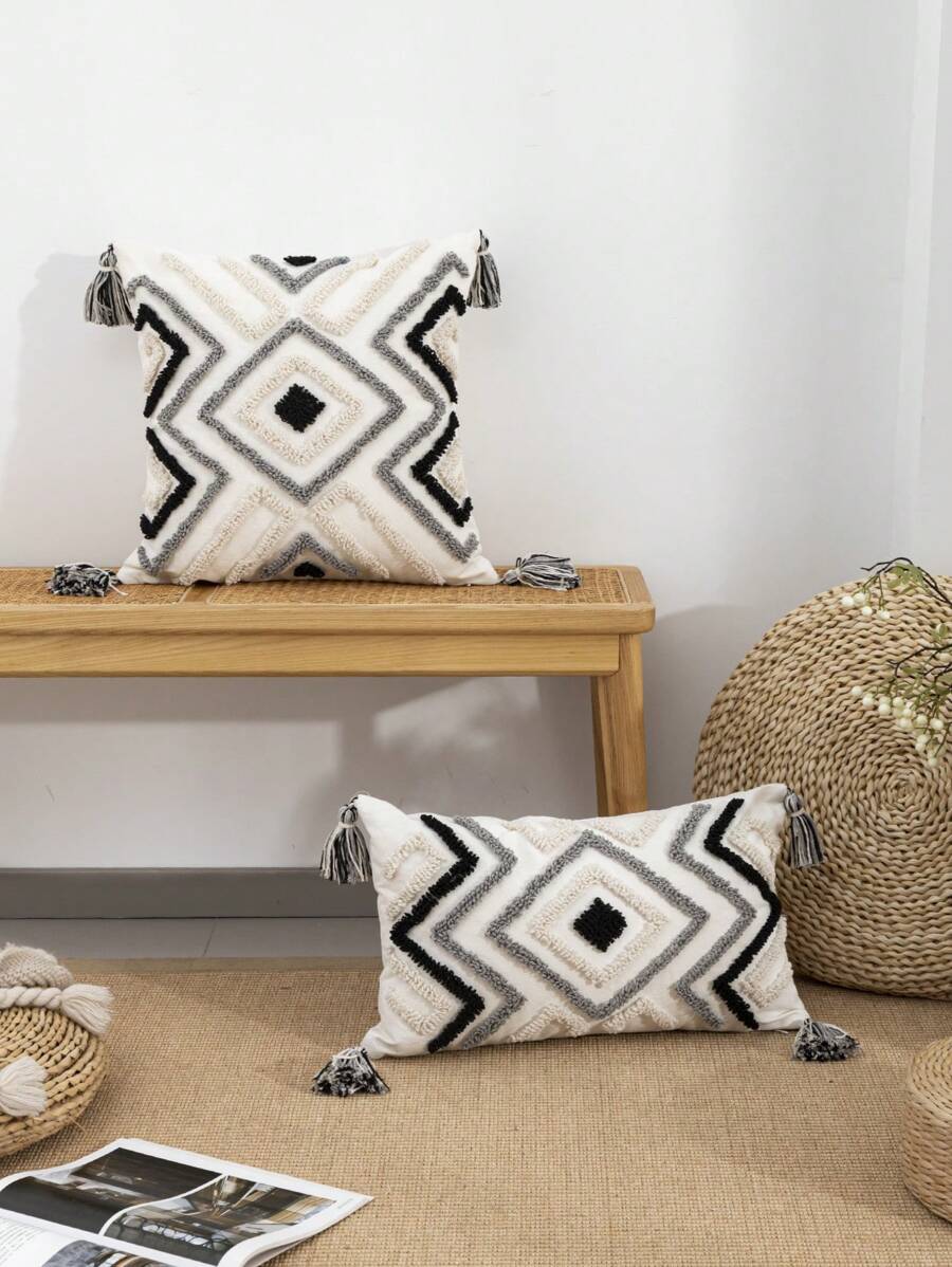 1pc/2pcs Geometric Diamond Pattern Throw Pillow Cover, Canvas Circle Velvet Tassel Boho Home Decor Cushion Cover For Bedroom, Living Room, Patio Sofa, Car Lumbar Pillow, All Season 30*50cm/45*45cm (Without Insert)