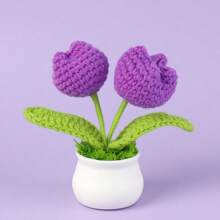 1pc Handmade Crocheted Yarn Simulation Tulip Potted Plant, Round Cute Woven Yarn Tulip, 1 Double Headed Stamen, 1 Triple Headed Flower Bud, Desktop, Car, Office, Home Decoration, Small Gift, Can Be Given To Family, Friends, Classmates, Birthdays, Teachers, Souvenirs, Night Market Camping Parties, Scenic Spots Easter Gifts Graduation,Garden Decor,Outdoor Plant,Gardening,Fake Flowers
