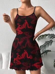 性感中国龙印花吊带睡衣连衣裙 - 紅色 - 查看 3