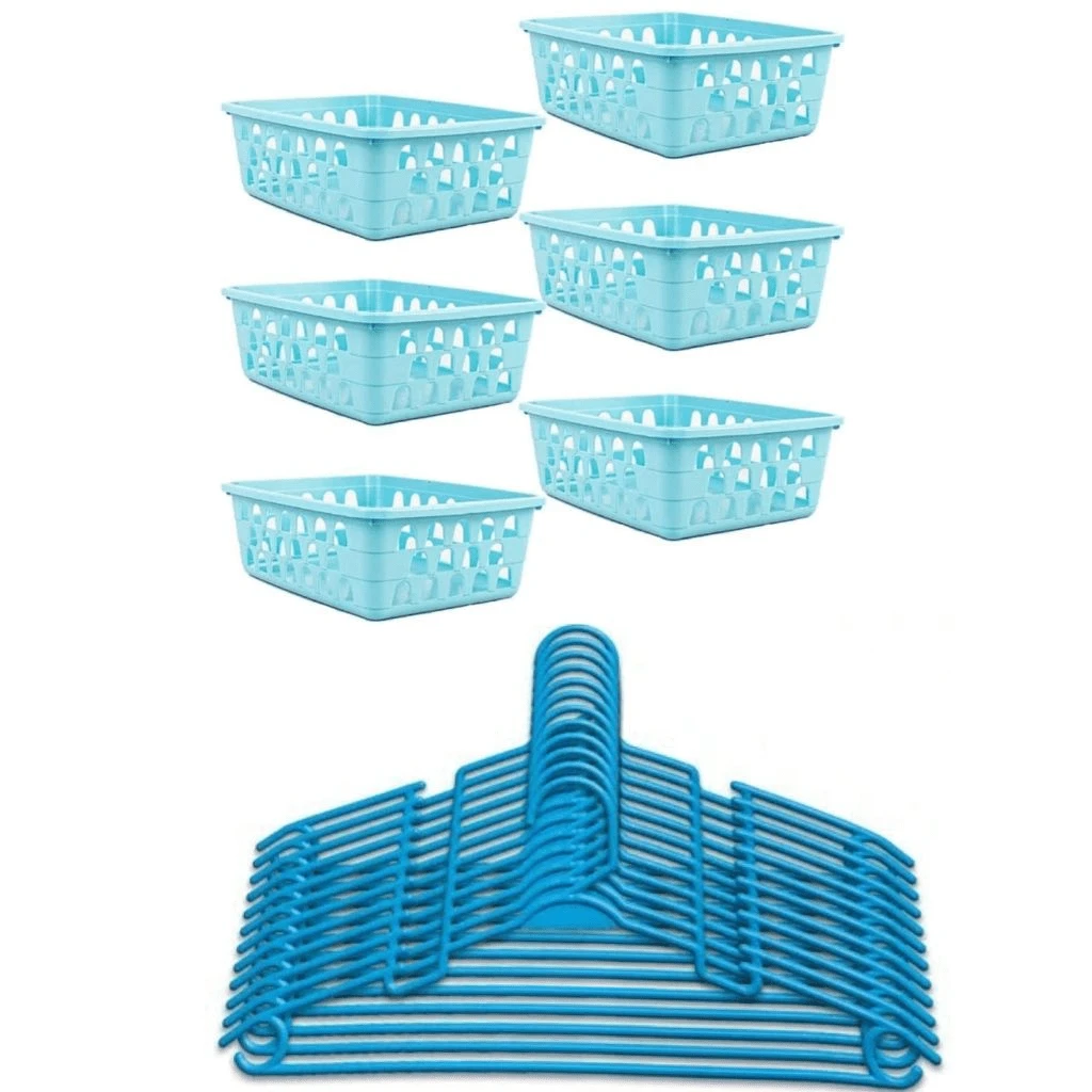 Organizer Kit With 10 Children's Hangers And 6 Organizer Baskets, White, Pink, Blue - Blue - View 1