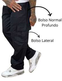 Calça Cargo Sarja Larga Masculina Skate Casual Bolso Lateral - Preto - Visão 5