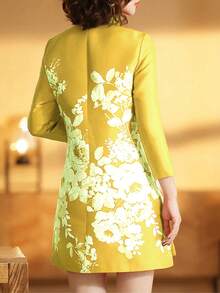 传统中国风花卉印花休闲连衣裙，简约时尚日常穿着