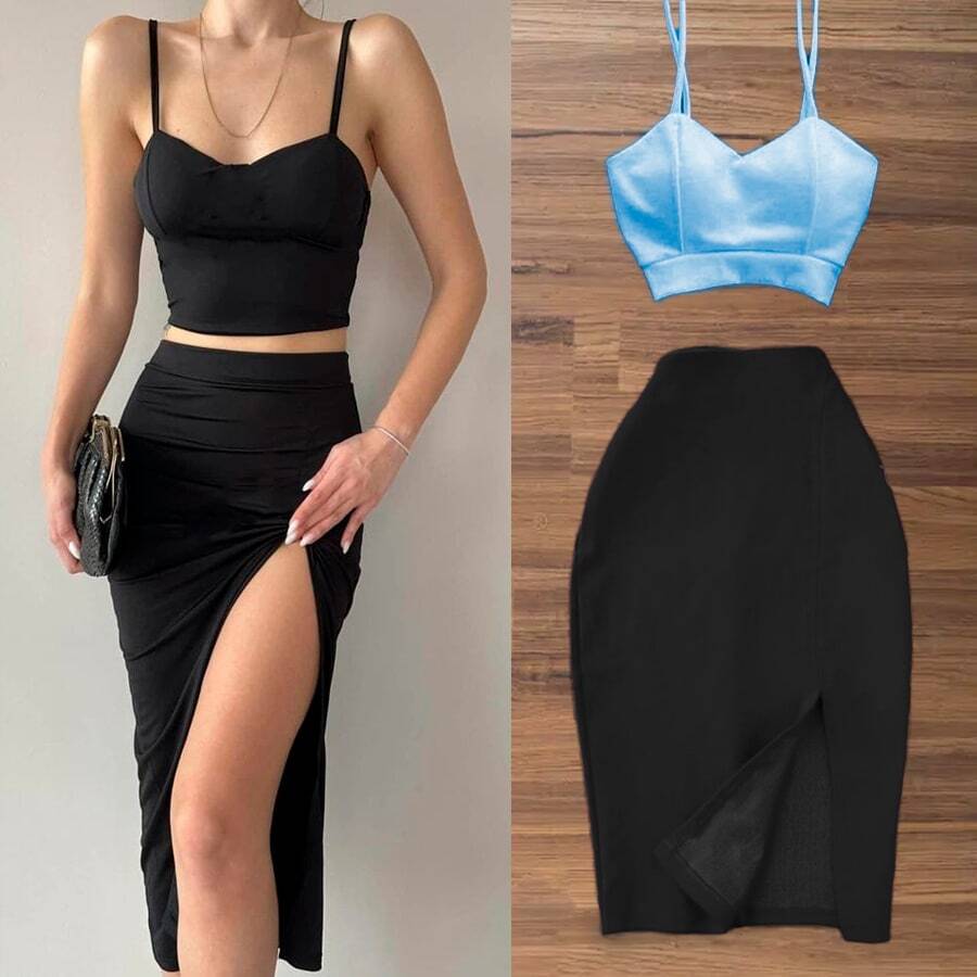 Conjunto falda y top tirantes corte ajustado abertura femenina moderno - Azul menta - Ver 1