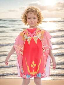 1件装可爱美人鱼和恐龙印花带帽沙滩巾，可作沙滩披肩、沙滩毯等。