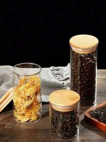 1/4 pezzi Vaso di vetro trasparente con coperchio in bambù, contenitore per tè, cereali, caffè e altri alimenti, accessori essenziali per la cucina e la scuola