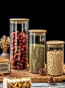 1/4 pezzi Vaso di vetro trasparente con coperchio in bambù, contenitore per tè, cereali, caffè e altri alimenti, accessori essenziali per la cucina e la scuola
