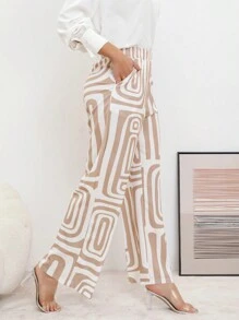 Pantalones anchos informales y elegantes con cintura elástica y estampado geométrico para mujer, para la oficina y el ocio