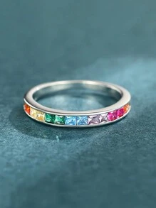 Nhẫn bạc Sterling Zirconia nhiều màu đơn giản dành cho nữ, nhẫn cá nhân hóa thời trang và phổ biến, thiết kế tối giản, quà tặng ngày lễ tình nhân - nhẫn đầy màu sắc - Xem 8