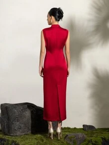 Đầm sườn xám kiểu Trung Hoa mới không tay cổ đứng đính đá lấp lánh satin trơn - Đỏ - Xem 3