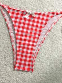 New Sexy Red & White Plaid Print Bowknot Bikini 2 Pieces Set, For Summer Beach Vacation