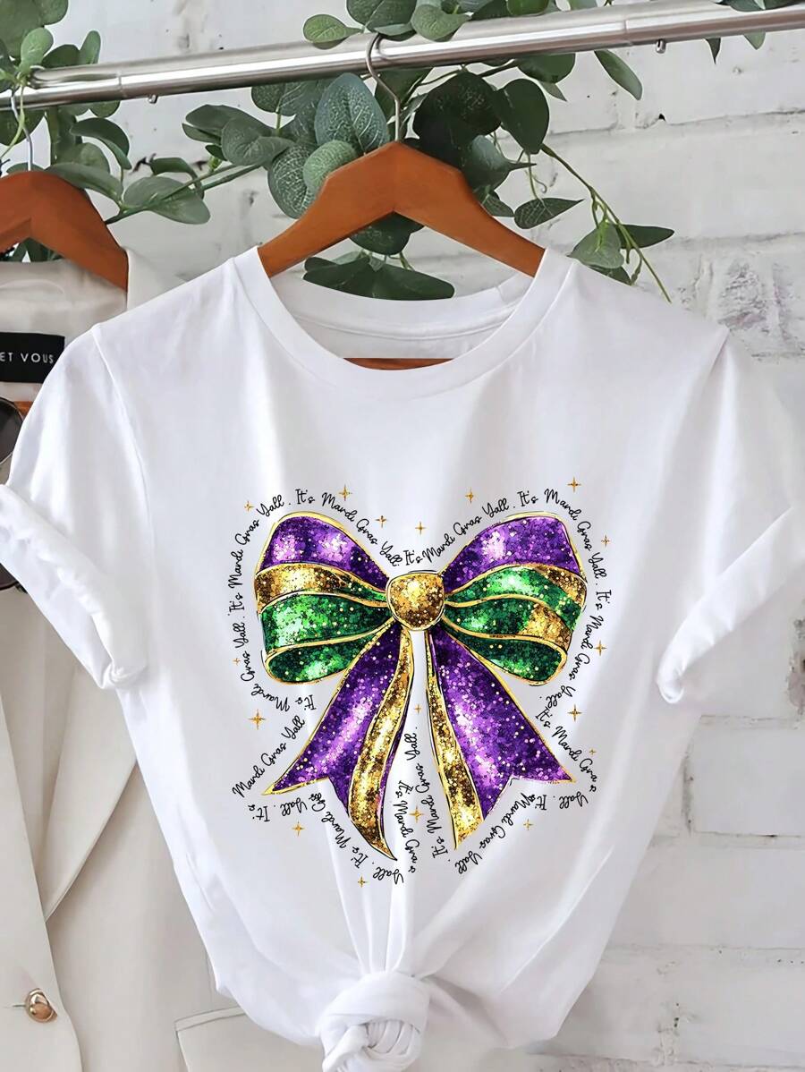 Carnival Bow Cartoon Letter Graphic Print T Shirt, Short Sleeve Crew Neck Casual Top For Summer & Spring, Women's T-Shirt - trắng - Xem 1