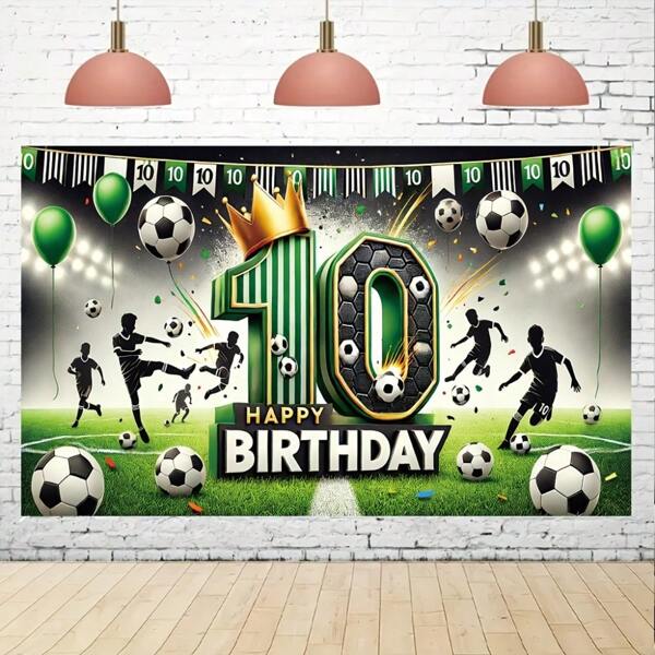 1pc Football Theme Happy 10th Birthday Banner, Multi-Size, Polyester, Photography Background, Atmosphere Decor Background, Outdoor Festival Decoration, Home Garden Decor, Patio Decor