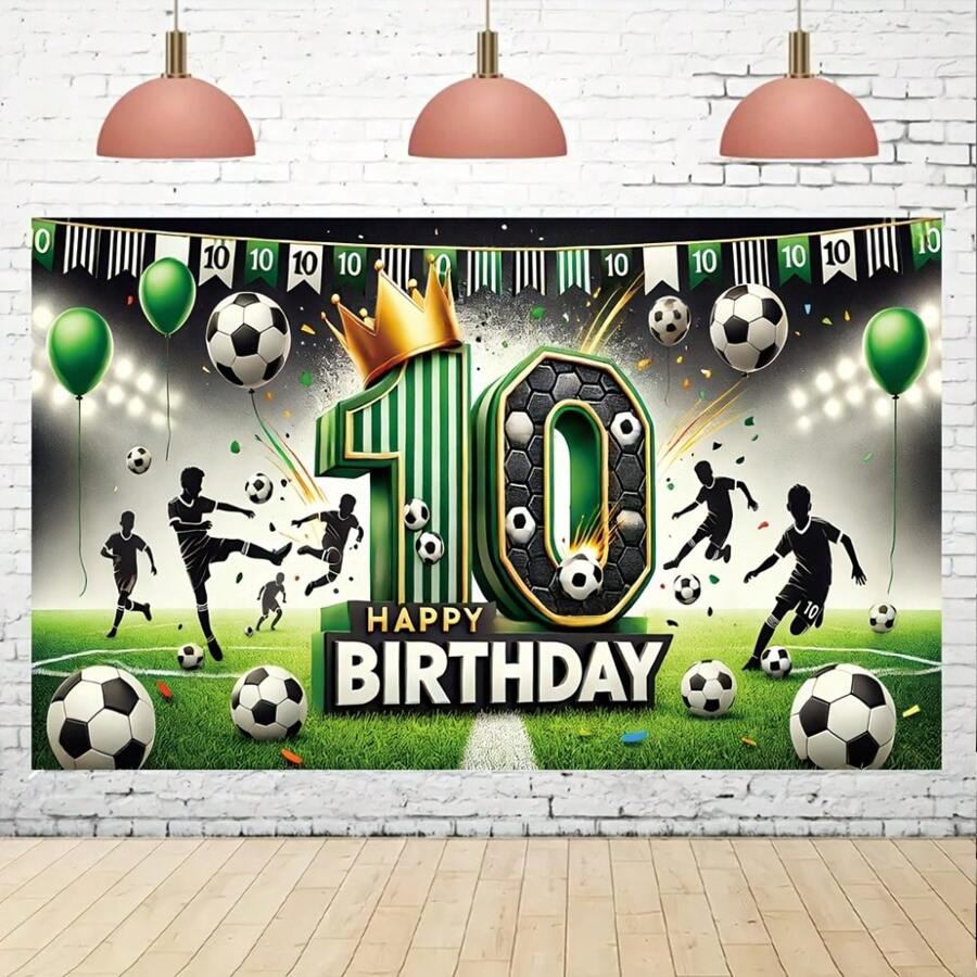 1 pièce Bannière d'anniversaire de 10 ans thème football joyeux, multi-tailles, polyester, fond de photographie, décor d'ambiance, décoration de festival extérieur, décoration de jardin et maison, décor de patio
