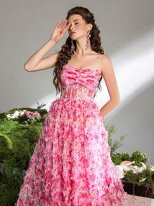 Faeriesty Elegant Strapless Floral Evening Gown With Adjustable Back Tie Closure & Flowing A-Line Hemline – Timeless Formalwear For Gala Events, Wedding Receptions, Black-Tie Dinners, Red Carpet Appearances, And Grand Celebrations - Pink - View 8
