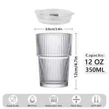 6 juegos de vasos de vidrio de 12 oz/350 ml con tapas y pajitas, vasos de vidrio duraderos acanalados, vasos para café y jugo, un juego de exquisitos recipientes de vidrio, reutilizables. - transparente - Ver 2