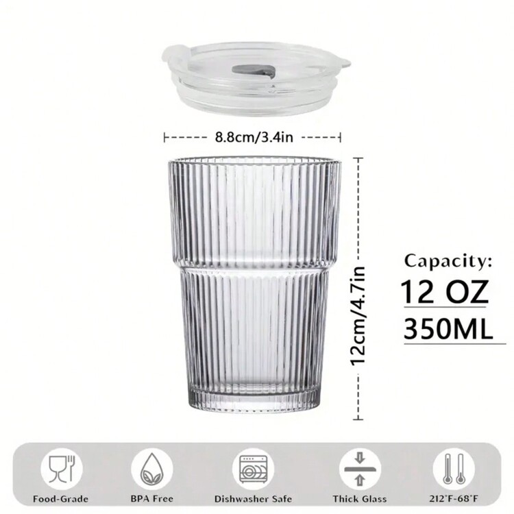 6 Sets Of 12oz/350ml Glass Cups With Lids And Straws, Ribbed Durable Glass Cups, Coffee And Juice Cups, A Set Of Exquisite Glass Containers, Reusable. - trong suốt - Xem 2