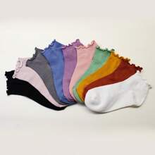 5/10 Pairs Of Women's Solid Color Wooden Ear Hem Socks, Candy Color Loose Hem Socks For Women.