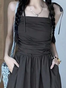 女士时尚收腰A字长连衣裙，夏季优雅 - 深灰色 - 查看 3