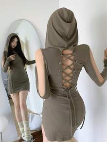 Vestido De Mujer Con Cuello en V Y Manga Larga,Vestido corto camiseta unicolor con espalda descubierta de sexy con cordones y capucha para mujer,ropa de vacaciones - Verde Oscuro - Ver 1