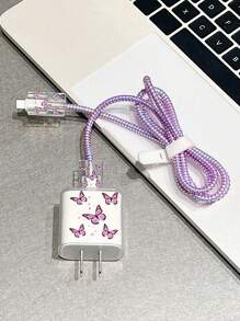5pcs/Set Purple Butterfly Design 20W/18W Charger Kit, Including Charging Cable, Protective Case And Charging Head, Compatible With IPhone 11 12 13 14 15 16 Cable Protector, Charger Protector