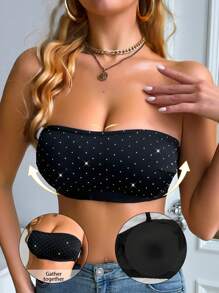 Women's Fashion Side Buckle Rhinestone Detachable Cup Bra - Black - View 5